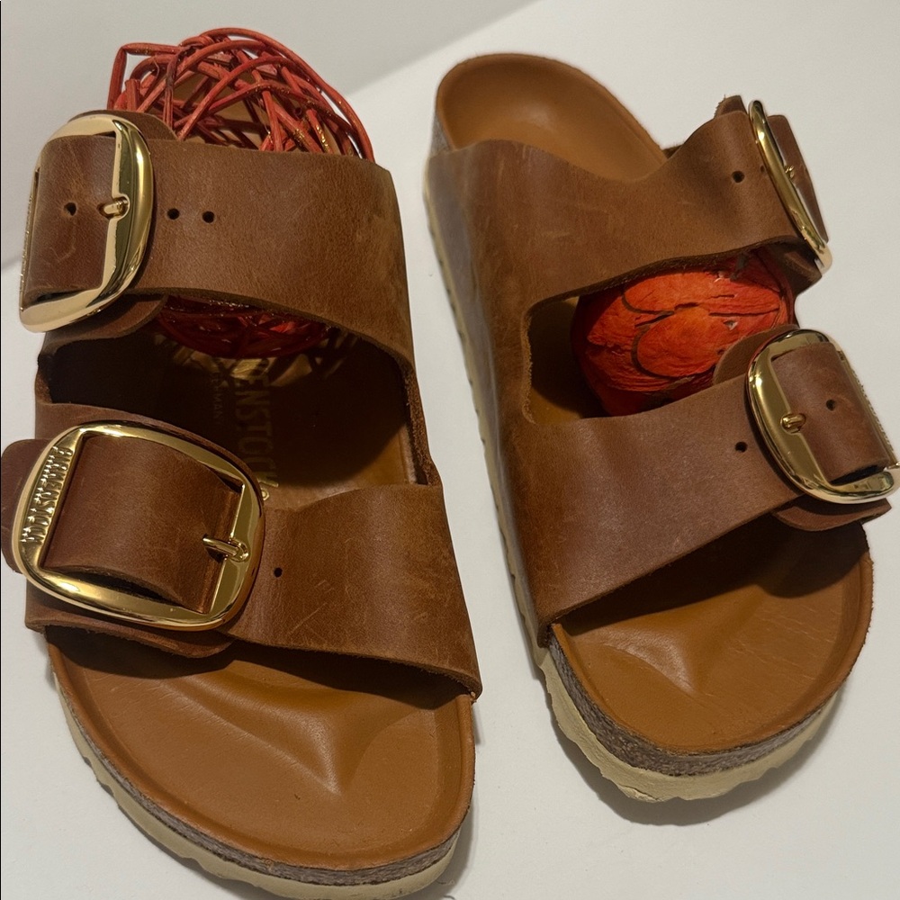 Birkenstock Tan Leather Sandals with Gold Buckles